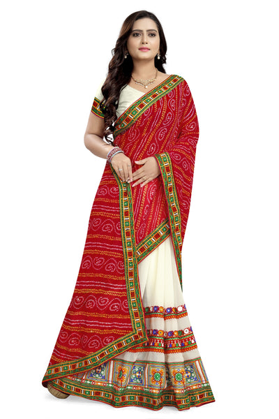 Indyancart RV Women's Half And Half Bandhani Pallu With Kutchi Embroidered Saree ( KVD932 )