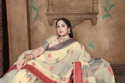 Indyancart GR Women's Riwaz Cosmic Latte Beige Soft Linen Woven Saree