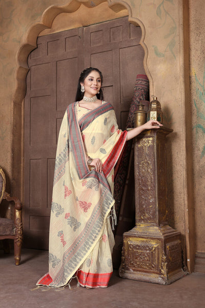 Indyancart GR Women's Riwaz Cosmic Latte Beige Soft Linen Woven Saree