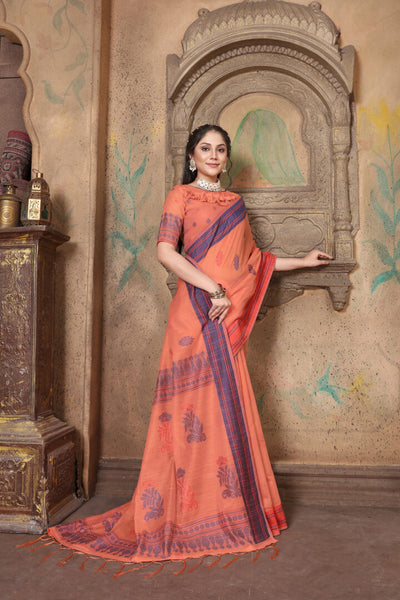 Indyancart GR Women's Riwaz Coral Orange Soft Linen Woven Saree