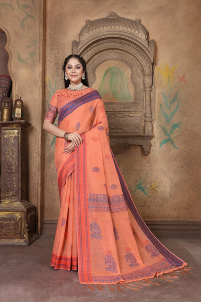 Indyancart GR Women's Riwaz Coral Orange Soft Linen Woven Saree