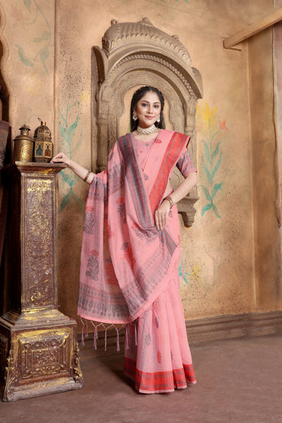 Indyancart GR Women's Riwaz Cherry Blossom Pink Soft Linen Woven Saree