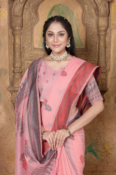 Indyancart GR Women's Riwaz Cherry Blossom Pink Soft Linen Woven Saree