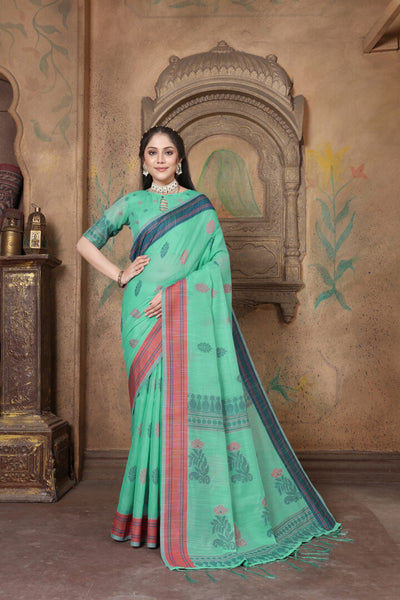 Indyancart GR Women's Riwaz Pool Green Soft Linen Woven Saree