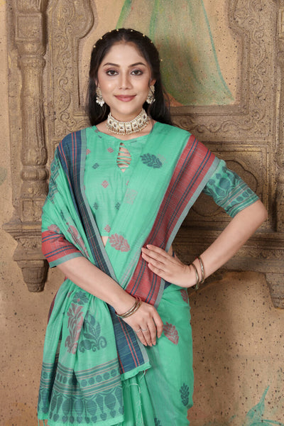 Indyancart GR Women's Riwaz Pool Green Soft Linen Woven Saree