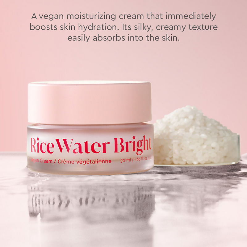 The Face Shop Rice Water Cream with Niacinamide and hyaluronic acid, featuring a jar of brightening face cream on a white background.
