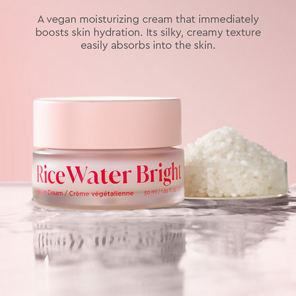 The Face Shop Rice Water Cream with Niacinamide and hyaluronic acid, featuring a jar of brightening face cream on a white background.