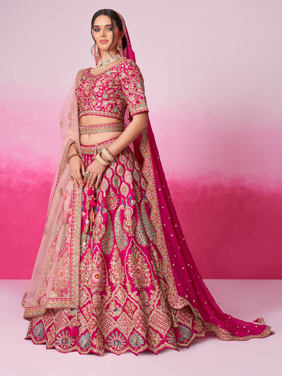 Women Pink Pure silk Moti, Sequins embroidery  Bridel Lehenga choli & Dupatta