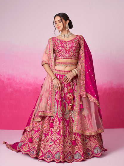 Women Pink Pure silk Moti, Sequins embroidery  Bridel Lehenga choli & Dupatta