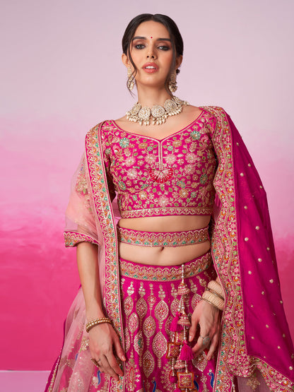 Women Pink Pure silk Moti, Sequins embroidery  Bridel Lehenga choli & Dupatta