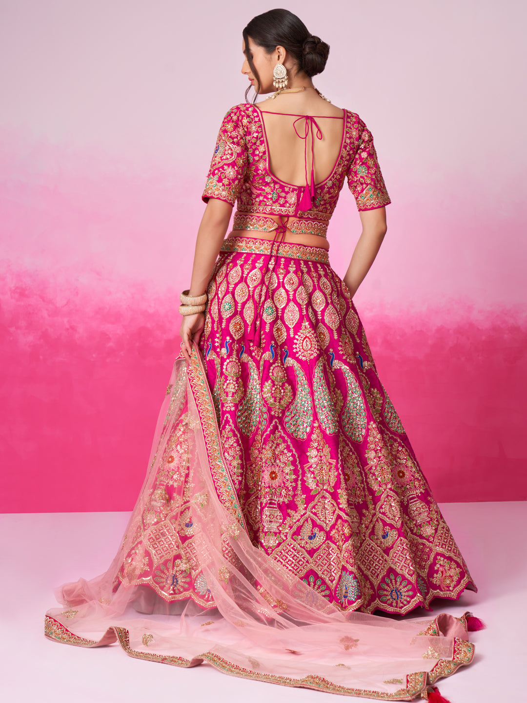 Women Pink Pure silk Moti, Sequins embroidery  Bridel Lehenga choli & Dupatta