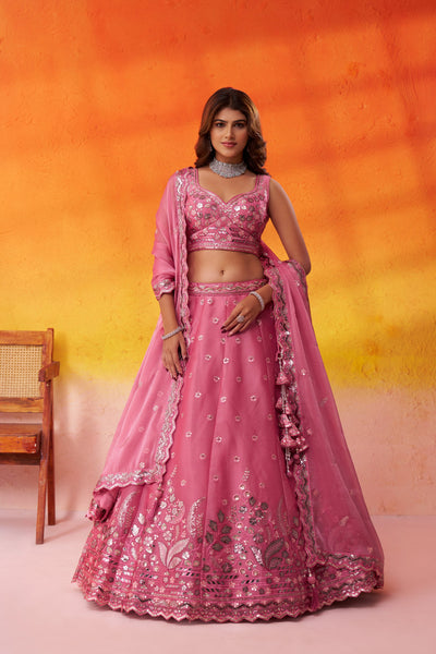 Pink-Organza Fabric Sequins Thread & Embroidery Semi-Stitched Lehenga & Unstitched Blouse With Dupatta