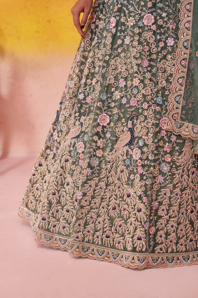 LIMEGREEN- Net Fabric Sequins embroidery Semi-Stitched Lehenga & Unstitched Blouse With Dupatta