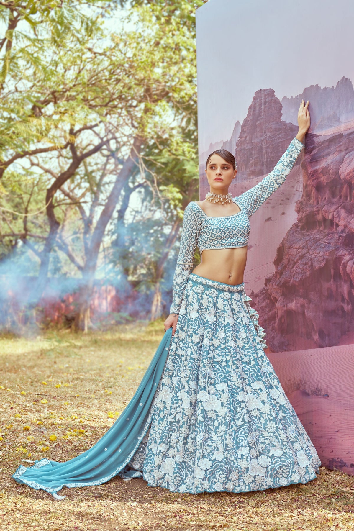 Turquoise blue Georgette Beads embroidery  Lehenga choli & Dupatta