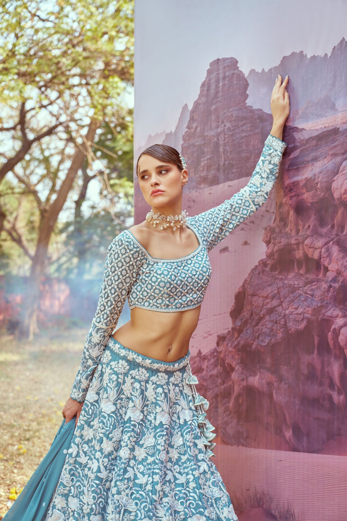 Turquoise blue Georgette Beads embroidery  Lehenga choli & Dupatta