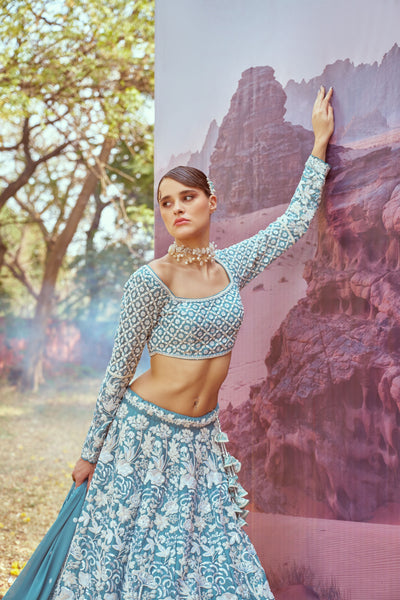 Turquoise blue Georgette Beads embroidery  Lehenga choli & Dupatta