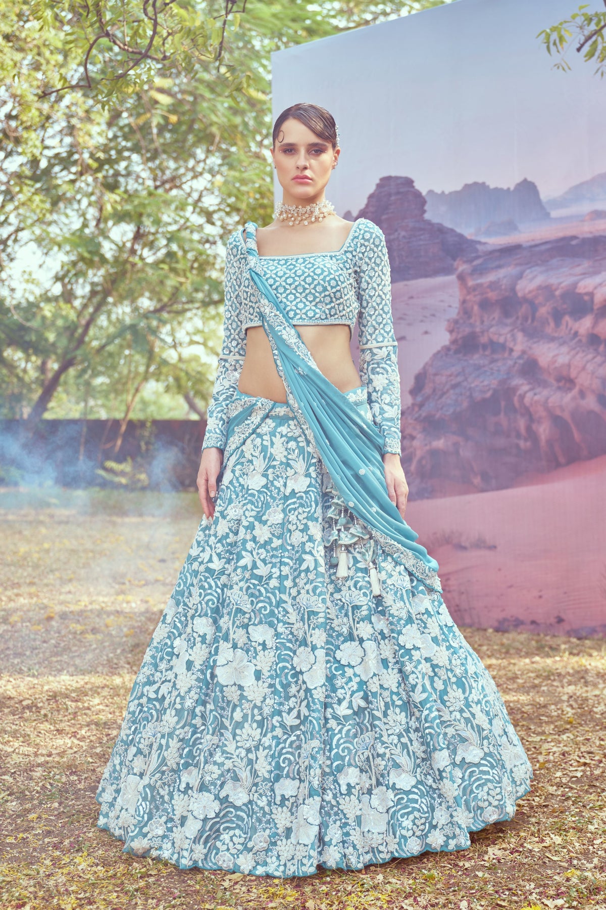 Turquoise blue Georgette Beads embroidery  Lehenga choli & Dupatta