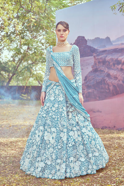 Turquoise blue Georgette Beads embroidery  Lehenga choli & Dupatta