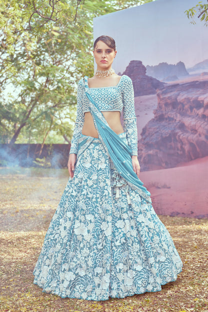 Turquoise blue Georgette Beads embroidery  Lehenga choli & Dupatta