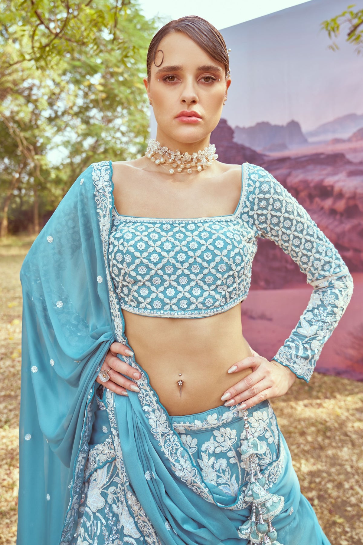 Turquoise blue Georgette Beads embroidery  Lehenga choli & Dupatta