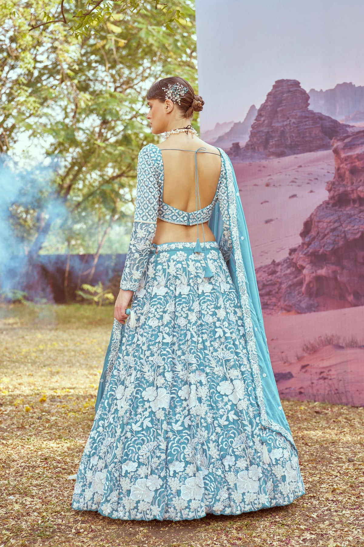 Turquoise blue Georgette Beads embroidery  Lehenga choli & Dupatta