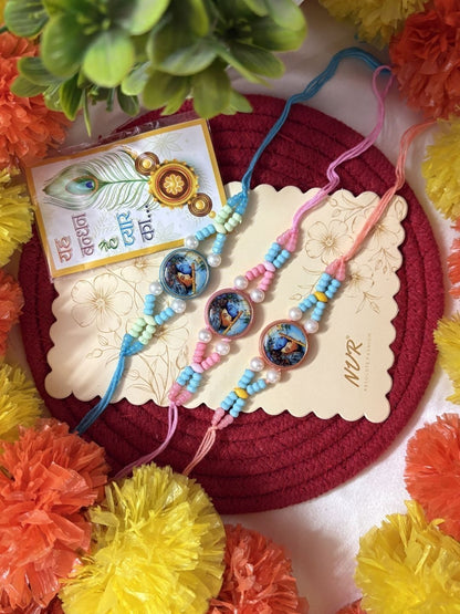 Anouk Set Of 3 Radha Krishna Thread Rakhi With Roli Chawal Chandan Mishri