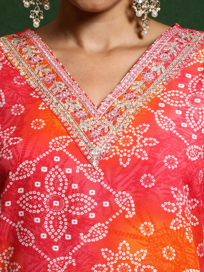 Indyancart VA Women'sBandhani Printed V-Neck Thread Work Kurta With Trousers & Dupatta