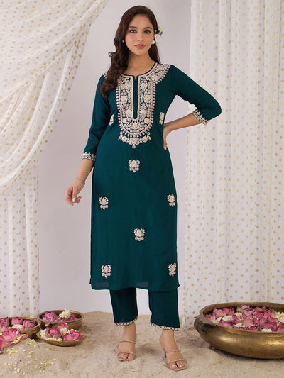 Indyancart IE Women Embroidered Regular Kurta with Trousers
