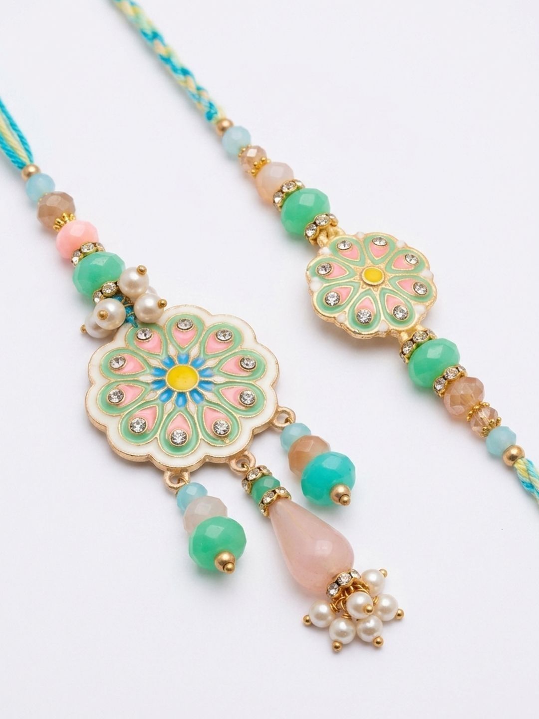 Anouk Set Of 2 Round Artificial Beads Traditional Bhaiya Bhabhi Rakhi With Roli Chawal