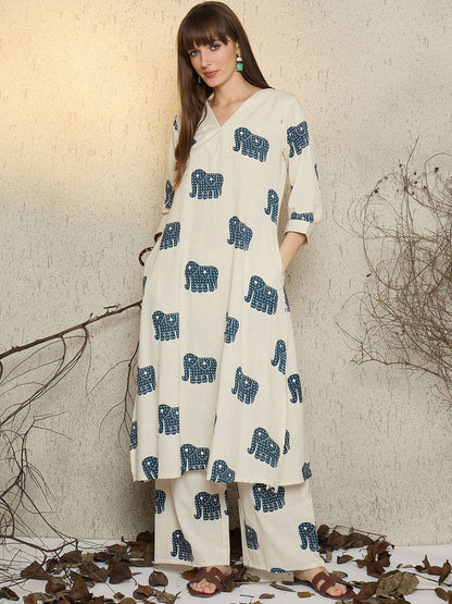 Dhiyona IE Women Printed V-Neck Top and Trousers Co-Ords