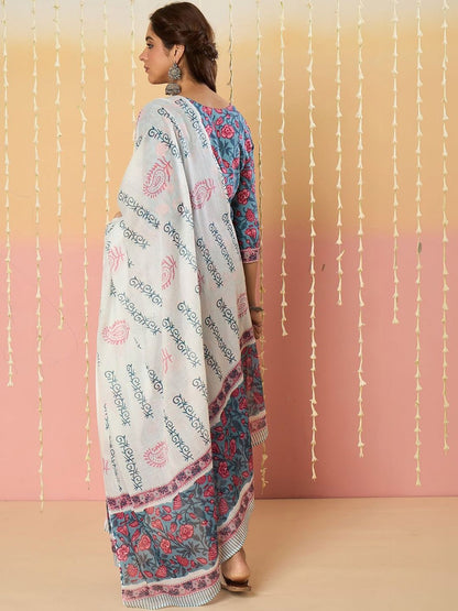 Women Floral Printed Regular Pure Cotton Kurta with Trousers & With Dupatta