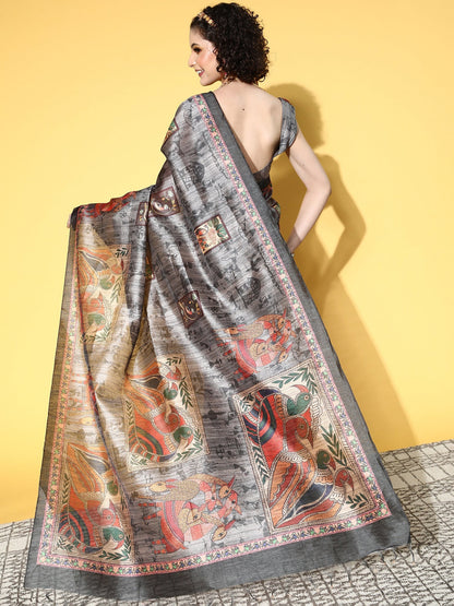 Women's Manipuri Silk Charcoal Grey Printed Designer Saree With Blouse Piece