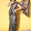 Women's Manipuri Silk Charcoal Grey Printed Designer Saree With Blouse Piece