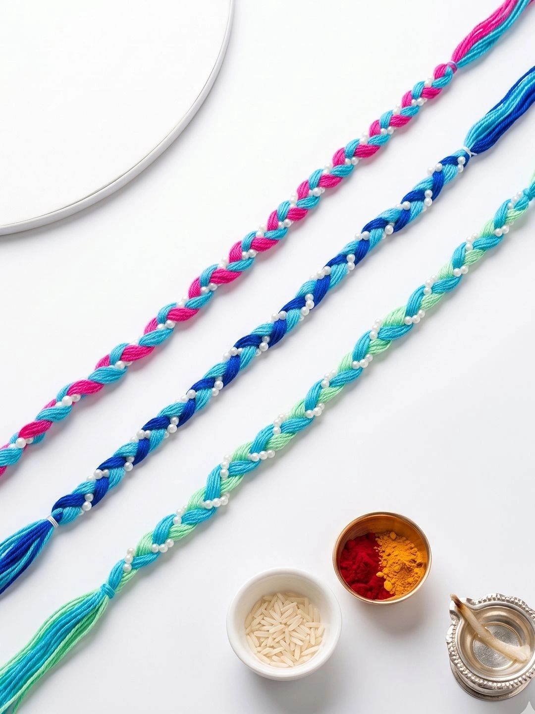 Anouk Set Of 3 Multicolor Thread Rakhi With Roli Chawal Chandan Mishri