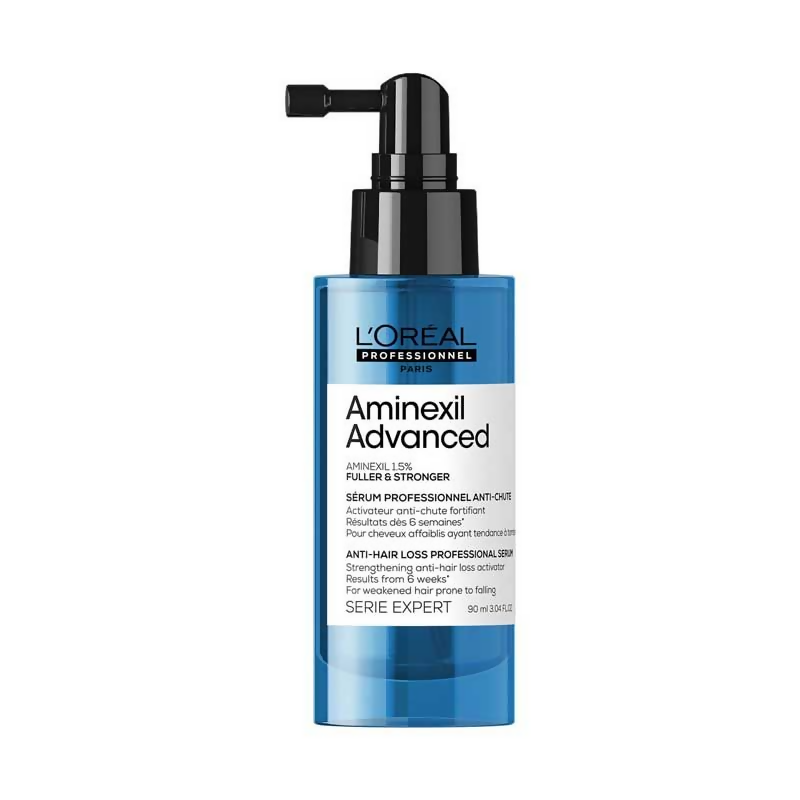 L'Oreal Paris Aminexil Advanced anti-hair loss serum in a clear leave-in bottle, designed to promote hair health and reduce shedding.