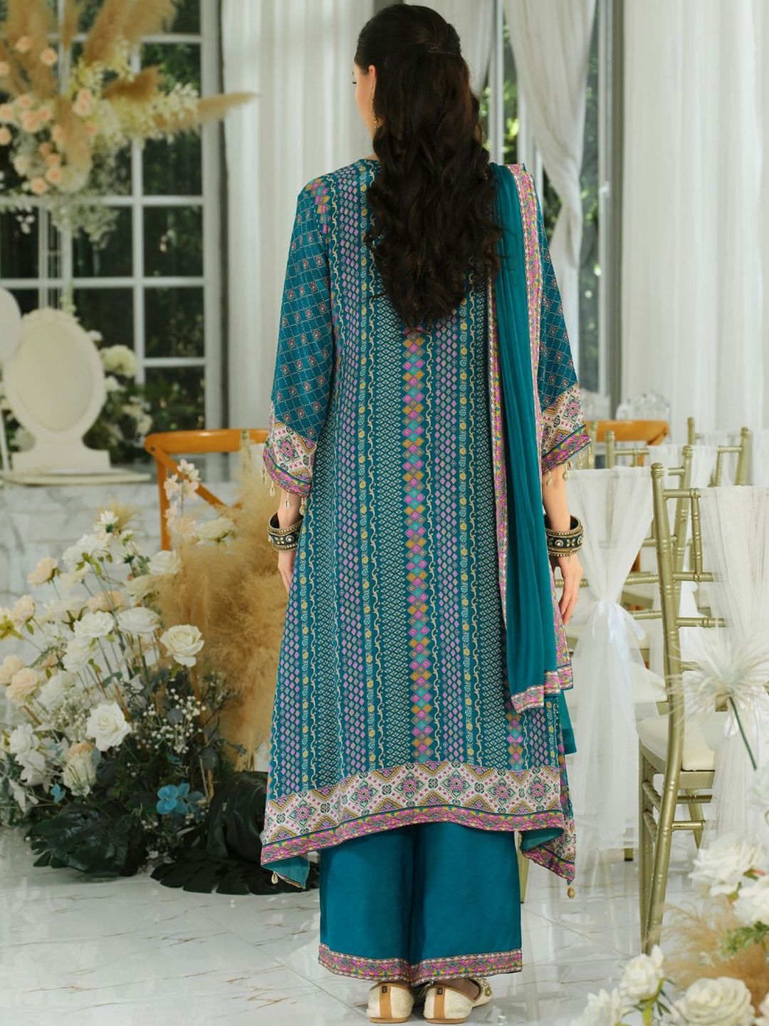 Ethnic Motifs Printed Mirror Work Pure Silk A-Line Kurta & Palazzos With Dupatta