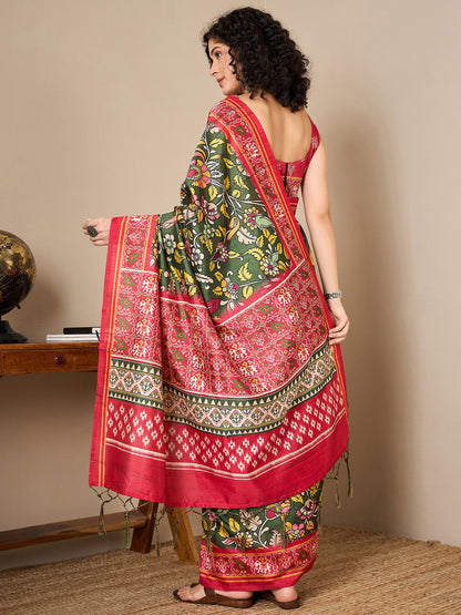 Women's Bhagalpuri Silk Red Printed Ready to Wear With Blouse Piece