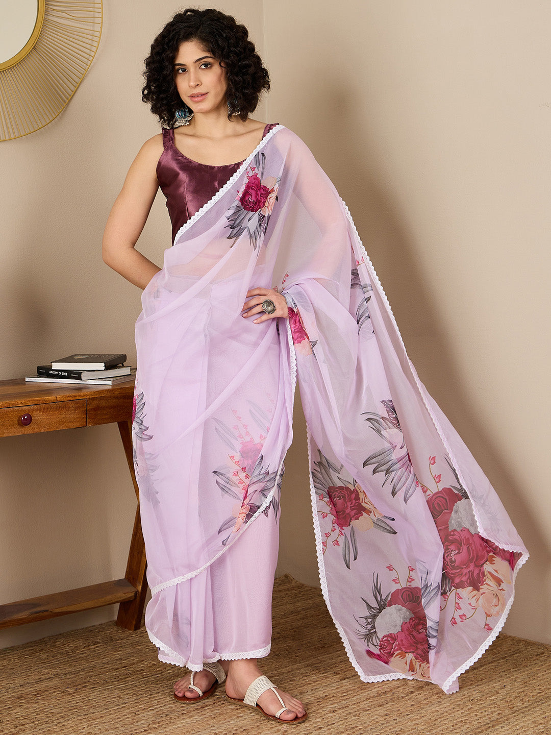 Women's Organza Magenta Digital Print Ready to Wear With Blouse Piece