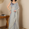 Women's Poly Georgette Grey Solid Ready to Wear With Blouse Piece