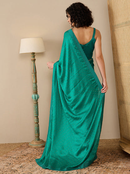 Women's Satin Sea Green Embellished Ready to Wear With Blouse Piece
