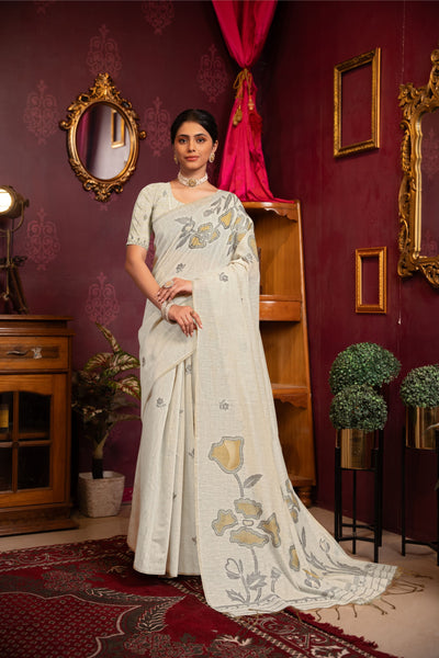 Indyancart GR Women's Ruby Beige & Yellow Mul Cotton Woven Saree