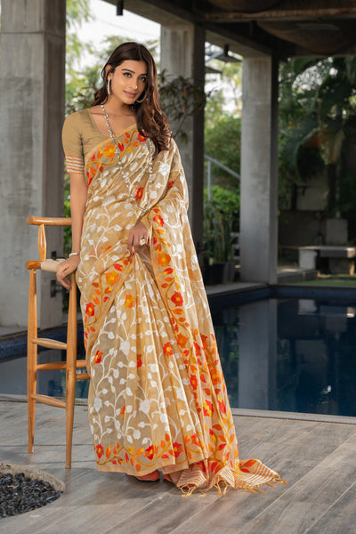 Indyancart GR Women's Ruhani Cookie Beige Cotton Jamdani Saree