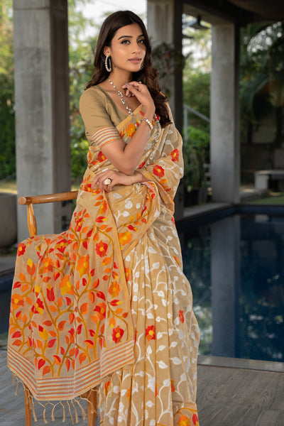 Indyancart GR Women's Ruhani Cookie Beige Cotton Jamdani Saree