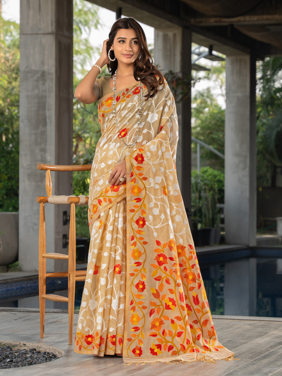 Dhiyona GR Women's Ruhani Cookie Beige Cotton Jamdani Saree