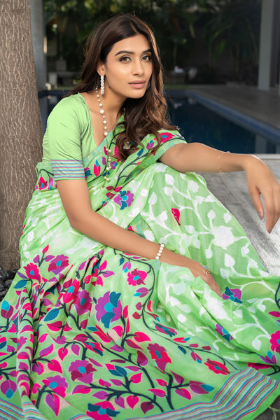 Indyancart GR Women's Ruhani Mint Green Cotton Jamdani Saree