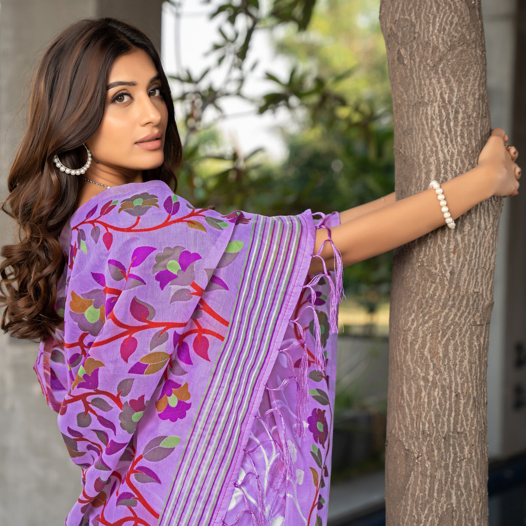 Dhiyona GR Women's Ruhani Orchid Purple Cotton Jamdani Saree