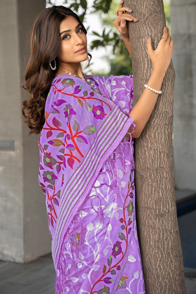 Indyancart GR Women's Ruhani Orchid Purple Cotton Jamdani Saree