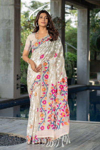 Indyancart GR Women's Ruhani Simply Off-White Cotton Jamdani Saree