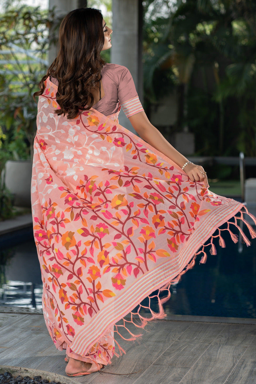 Dhiyona GR Women's Ruhani Blushing Peach Cotton Jamdani Saree