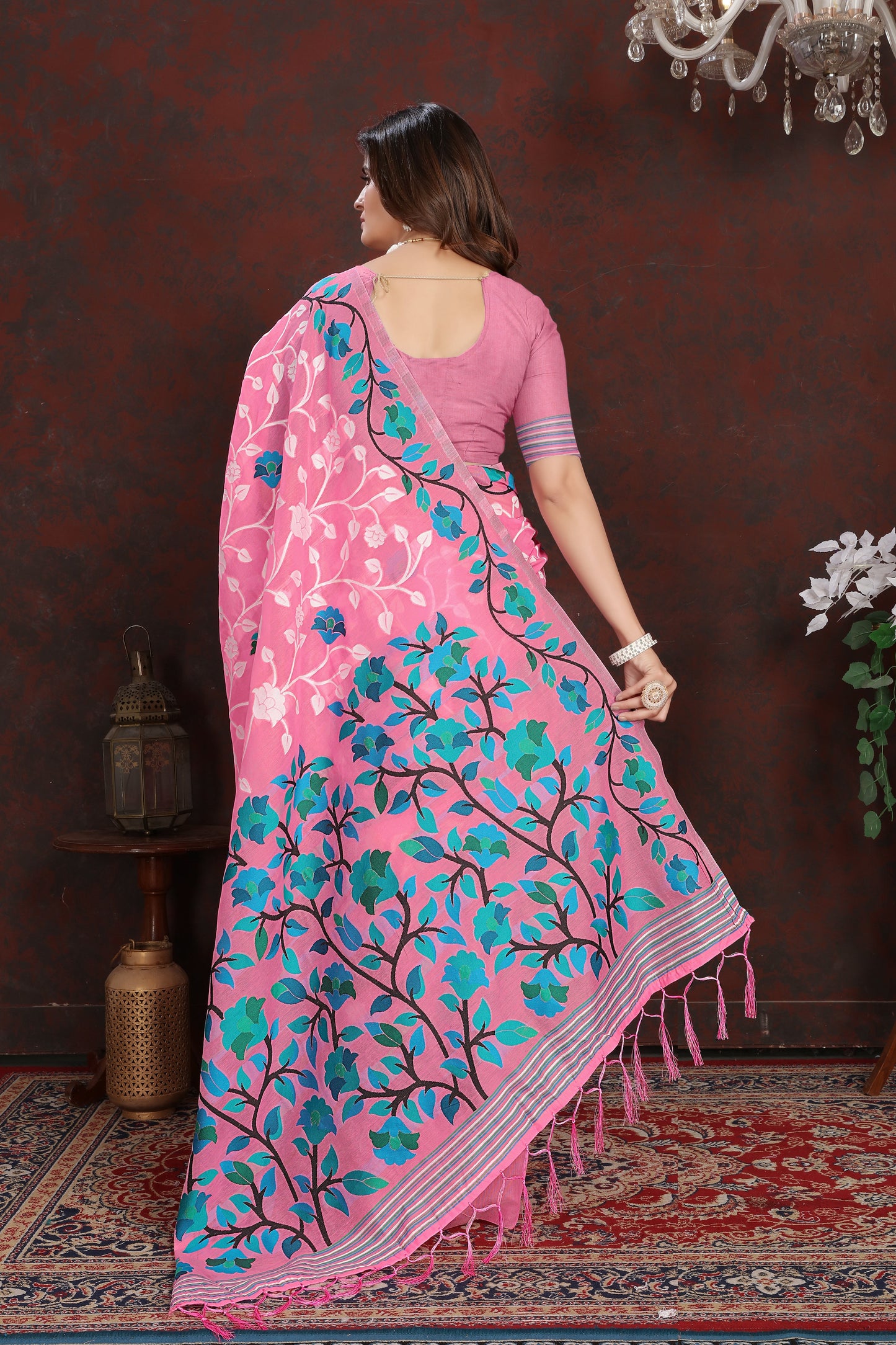 Dhiyona GR Women's Ruhani Cotton Candy Pink Cotton Jamdani Saree
